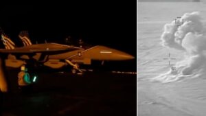 Caccia statunitense su una portaerei e ripresa termica di un attacco in mare
