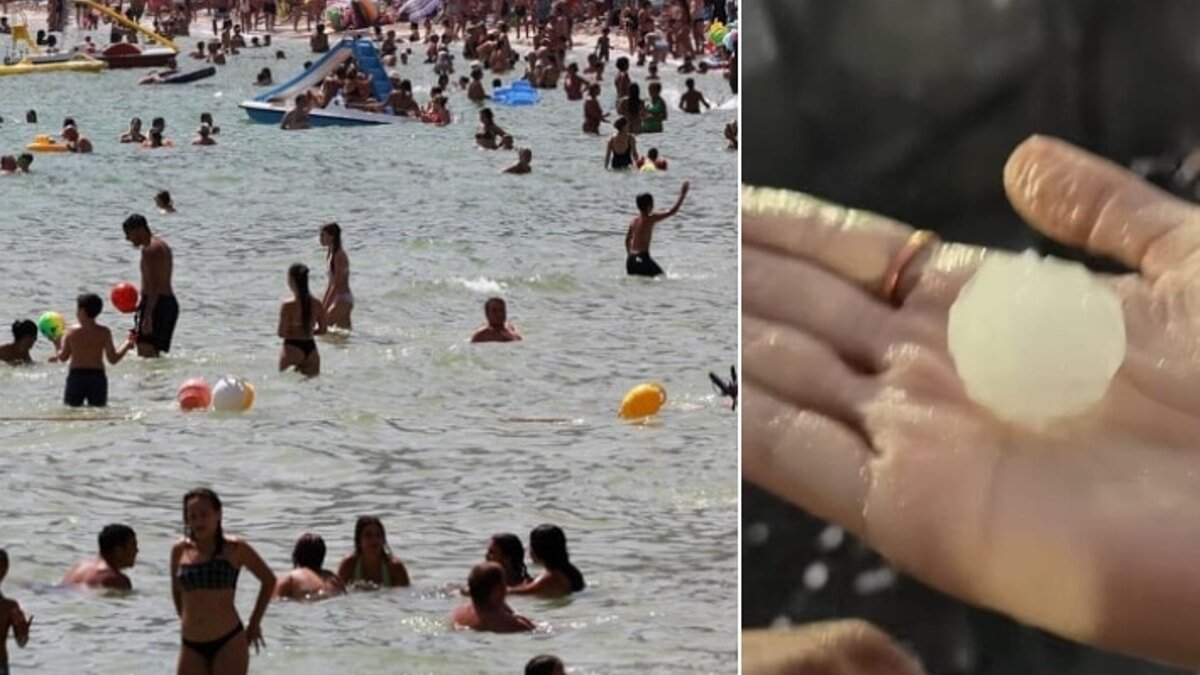 Spiaggia affollata durante il caldo e un grosso chicco di grandine