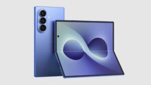 Rendering del Samsung Galaxy Z Fold 8 viola, mostrato aperto e chiuso