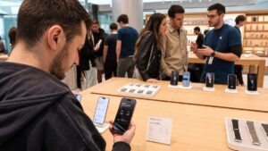 Clienti in un Apple Store mentre provano gli iPhone esposti