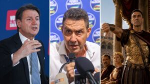 Composizione con Giuseppe Conte, Roberto Vannacci e un fotogramma del film Il Gladiatore