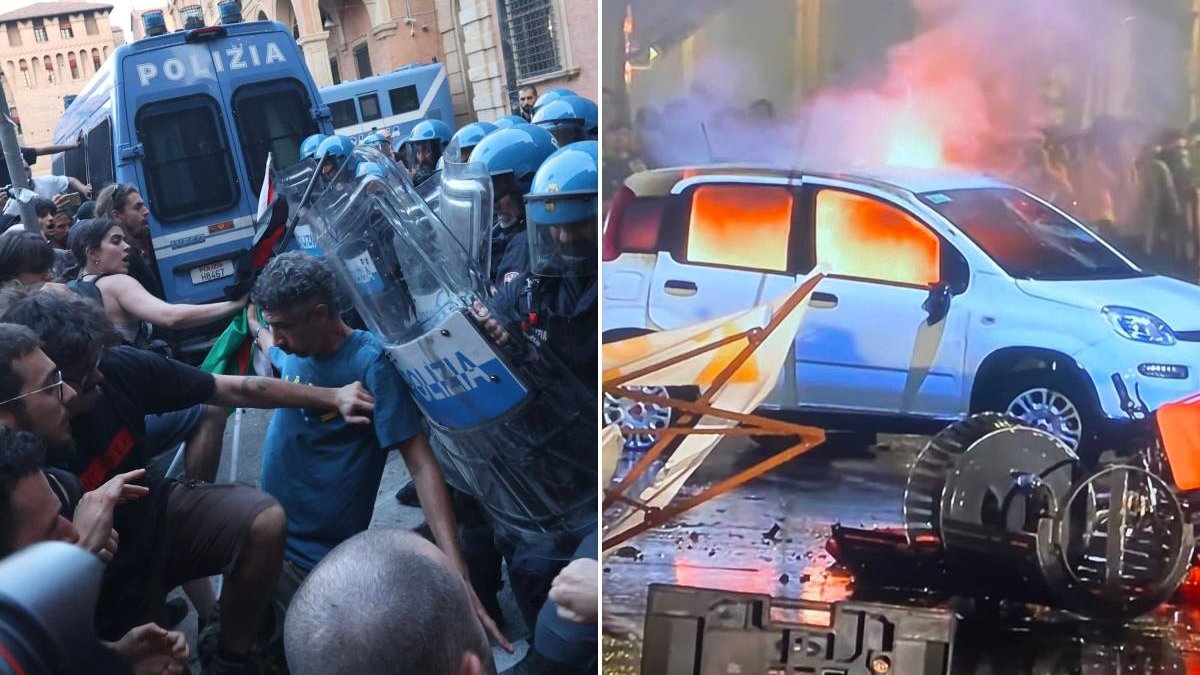 Collage degli scontri a Bologna tra manifestanti e polizia e di un’automobile in fiamme